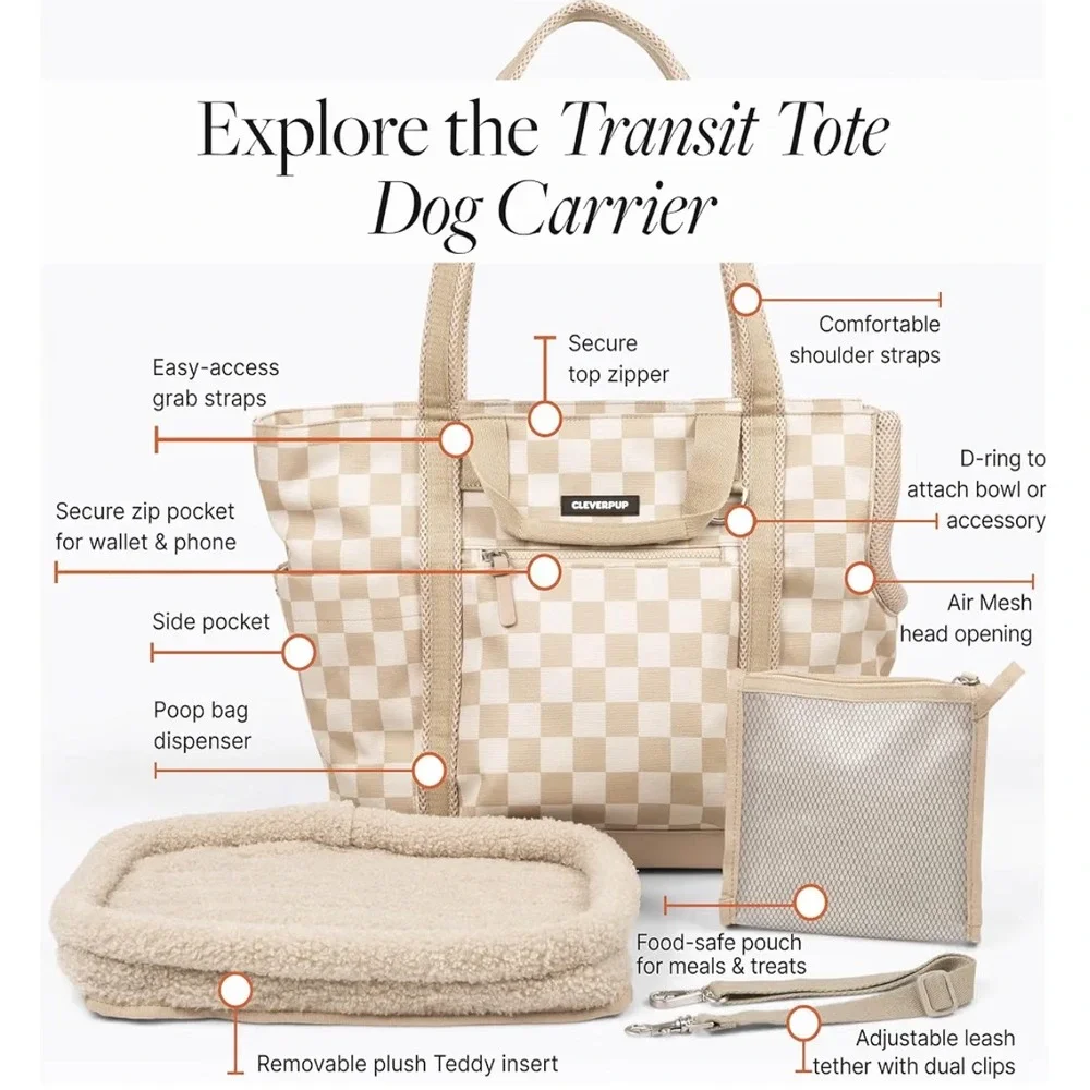 Cleverpup Transit Tote Medium Dog Carrier Tan Checkered NWT Travel Bag 8-20lbs